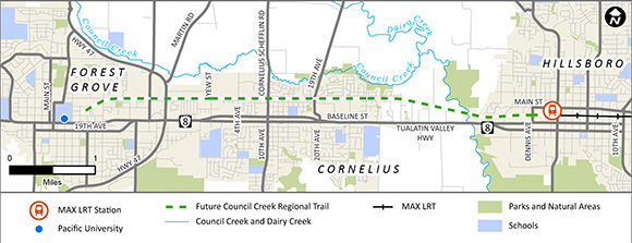 "Council Creek Regional Trail route map between Forest Grove and Hillsboro"