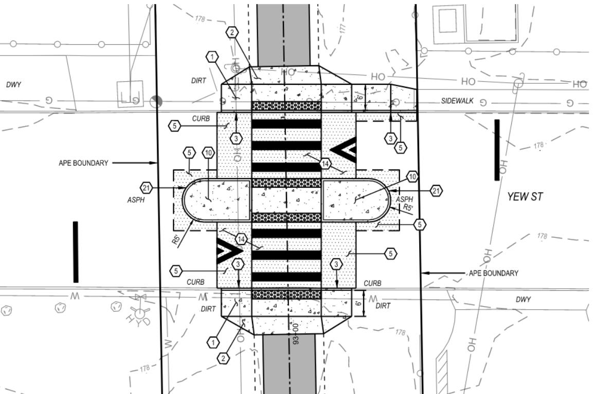 "Raised street crossing with median island at Yew Street"